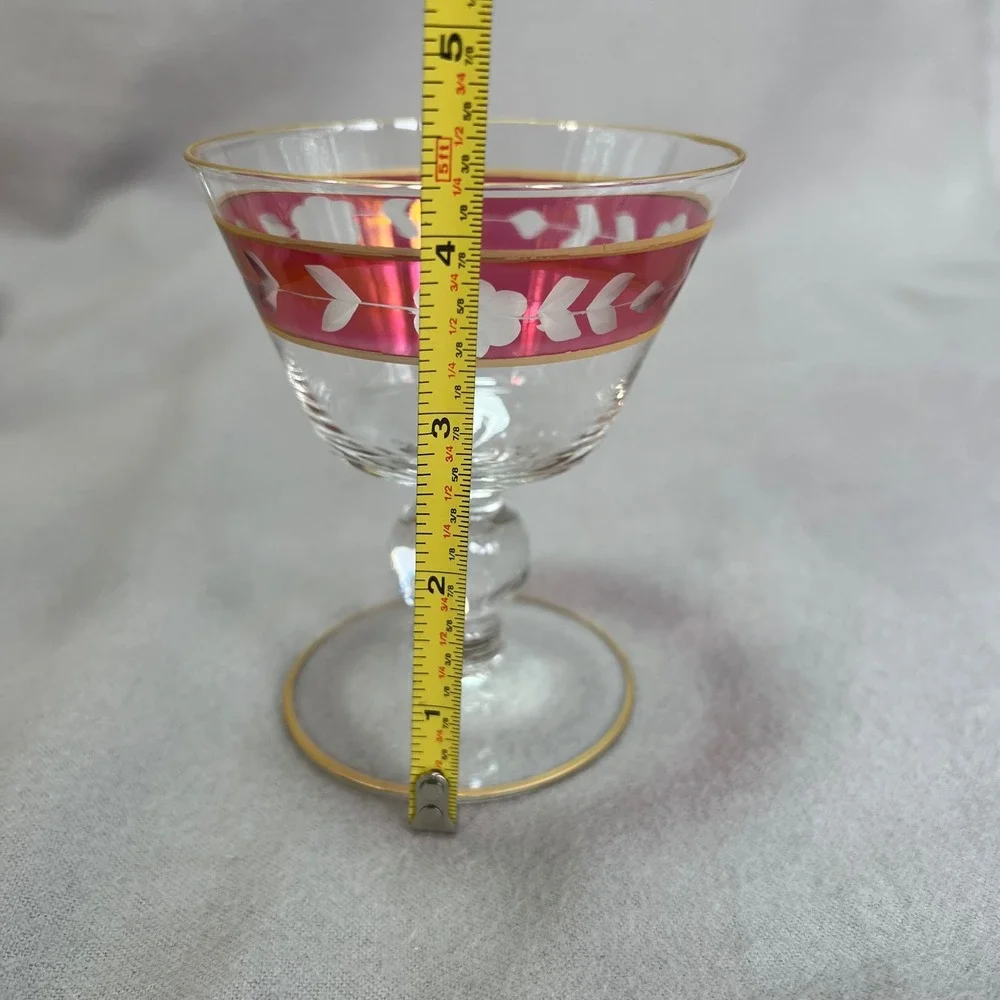 Vintage Cranberry Etched Glass Sherbet Coupes‎ Set of 6 Gold Rim Floral Bohemian